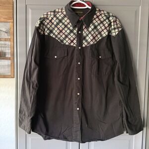 Wrangler Rustler‎ Vintage Western Brushpopper Plaid Yoke Snap LS Shirt, Black,L